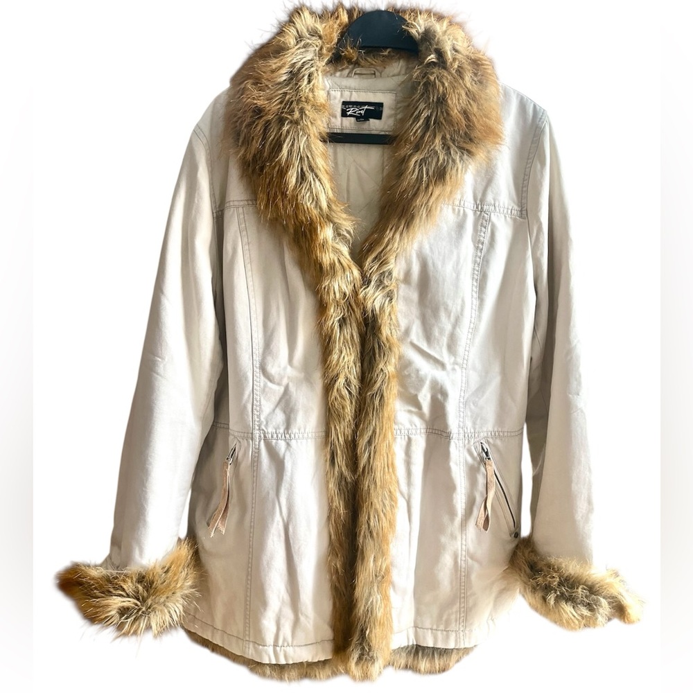 Black Rivet Barn Utility Jacket Coat with Faux Fur Trim